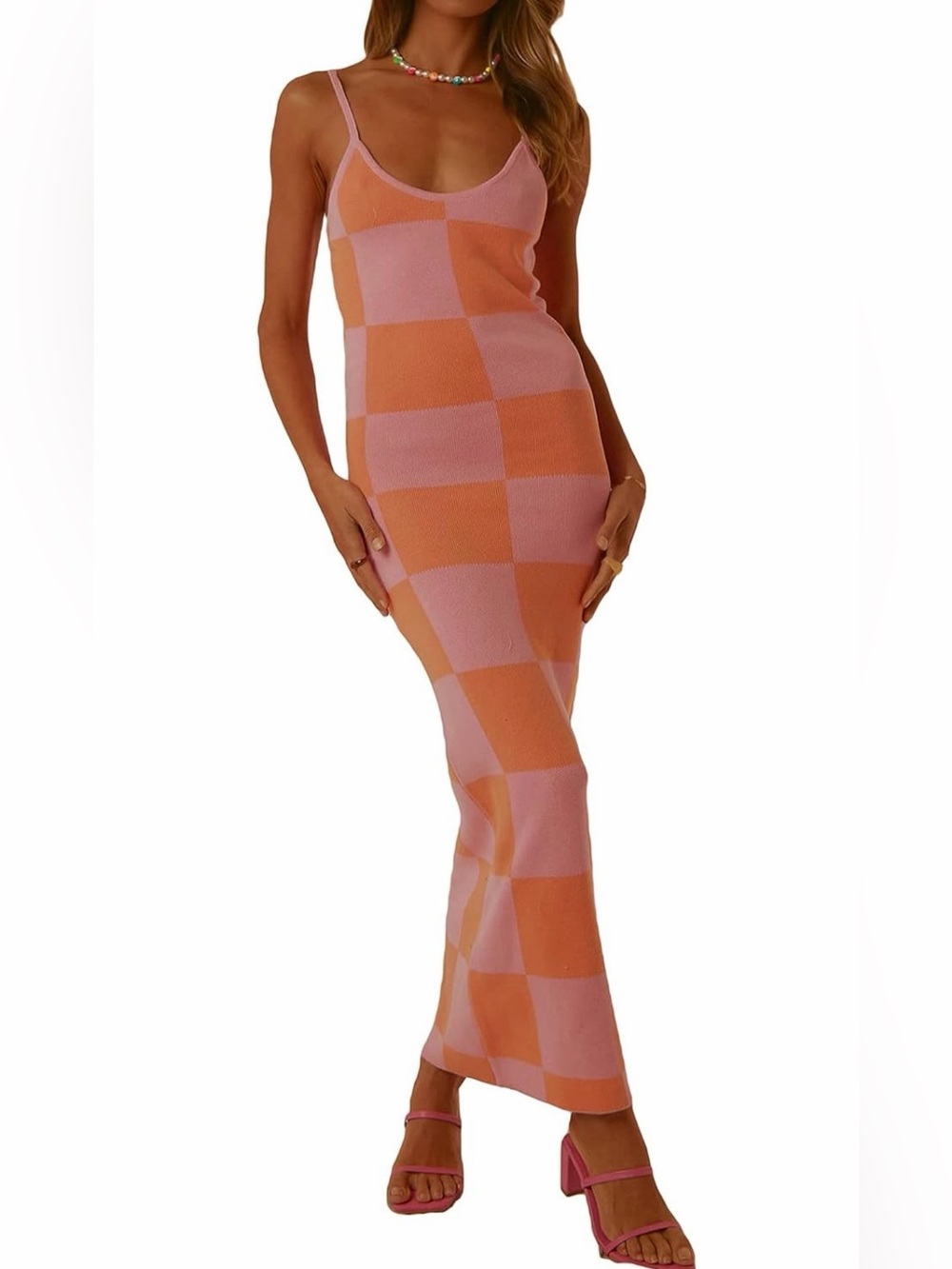 🌸🧡 Women’s Checkerboard Knit Maxi Dress in Pink & Orange 🧡🌸